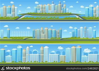 Urban landscape set with modern city. Cityscape building, tree and town, vector illustration. Urban landscape set with modern city