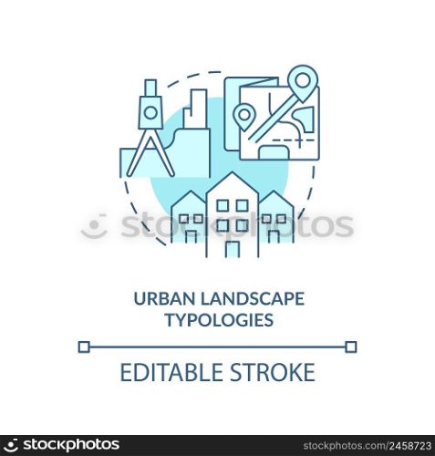 Urban landscape typologies turquoise concept icon. Biodiversity in green urbanism abstract idea thin line illustration. Isolated outline drawing. Editable stroke. Arial, Myriad Pro-Bold fonts used. Urban landscape typologies turquoise concept icon