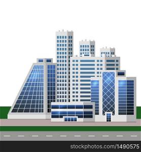Urban landscape with big modern buildings. Smart city, business center,office buildingskyscraper houses. For cityscape background, concept or metropolis scene. Flat style. Vector illustration
