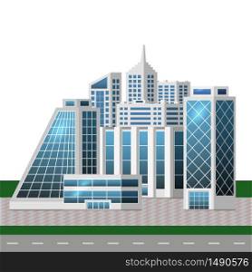Urban landscape with big modern buildings. Smart city, business center,office buildingskyscraper houses. For cityscape background, concept or metropolis scene. Flat style. Vector illustration