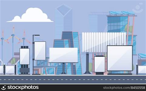 Urban landscape with billboards. City background with places to advertising messages banners frames collection buildings and cityscapes vector colored temaplate. Illustration of billboard street. Urban landscape with billboards. City background with places to advertising messages banners frames collection buildings and cityscapes garish vector colored temaplate
