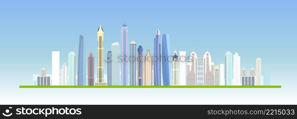 Urban landscape with high skyscrapers and subway. Vector illustration.. Flat vector city building design. Urban skyline cityscape. Town landscape with high skyscrapers. Vector illustration. EPS 10