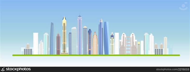 Urban landscape with high skyscrapers and subway. Vector illustration.. Flat vector city building design. Urban skyline cityscape. Town landscape with high skyscrapers. Vector illustration. EPS 10
