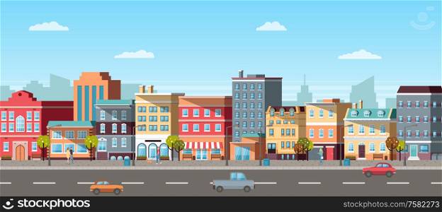Urban landscape with infographic elements. Modern city, running cars on road, going pedestrians, colorful buildings, cloudy sky, 3d panoramic view vector. Panoramic View of City, Car and Pedestrian Vector