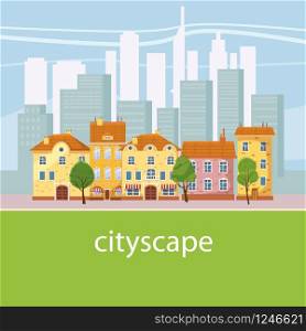 Urban landscape with large modern buildings and suburb with private houses. Concept city and suburban life.. Urban landscape with large modern buildings and suburb with private houses. Concept city and suburban life. Vector, cartoon style, isolated