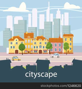 Urban landscape with large modern buildings and suburb with private houses on a background mountains and hills. Street, highway with cars. Concept city and suburban life.. Urban landscape with large modern buildings and suburb with private houses. Street, highway with cars. Concept city and suburban life. Vector, cartoon style, isolated