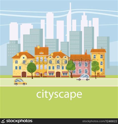 Urban landscape with large modern buildings and suburb with private houses. Street, highway with cars. Concept city and suburban life.. Urban landscape with large modern buildings and suburb with private houses. Street, highway with cars. Concept city and suburban life. Vector, cartoon style, isolated