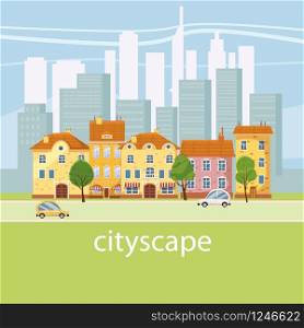 Urban landscape with large modern buildings and suburb with private houses. Street, highway with cars. Concept city and suburban life.. Urban landscape with large modern buildings and suburb with private houses. Street, highway with cars. Concept city and suburban life. Vector, cartoon style, isolated