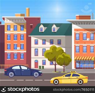 Urban landscape with modern infrastructure, buildings and busy road with cars and vehicles. City transport, traffic on street. Cityscape with houses facades. Highway with colorful cars. Flat cartoon. City Street with Busy Traffic, Cars on Road Vector