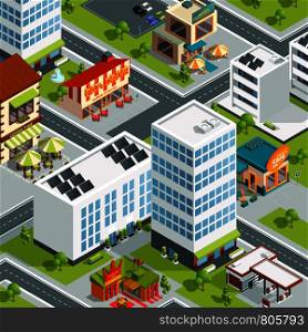 Urban landscape with restaurants and coffee buildings. Vector building city, urban isometric 3d map illustration. Urban landscape with restaurants and coffee buildings