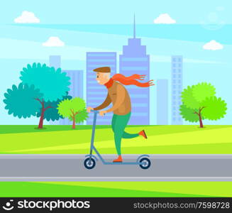 Urban lifestyle of grandfather vector, man wearing red scarf and hat riding scooter on smooth road in city park, town style of grandpa, active male. Old Man With Red Scarf Riding Scooter in Park