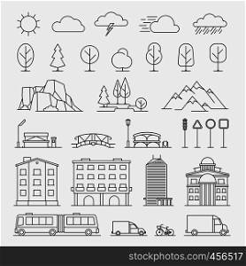 Urban line icons. Urban landscape linear signs. Vector illustration. Urban line icons