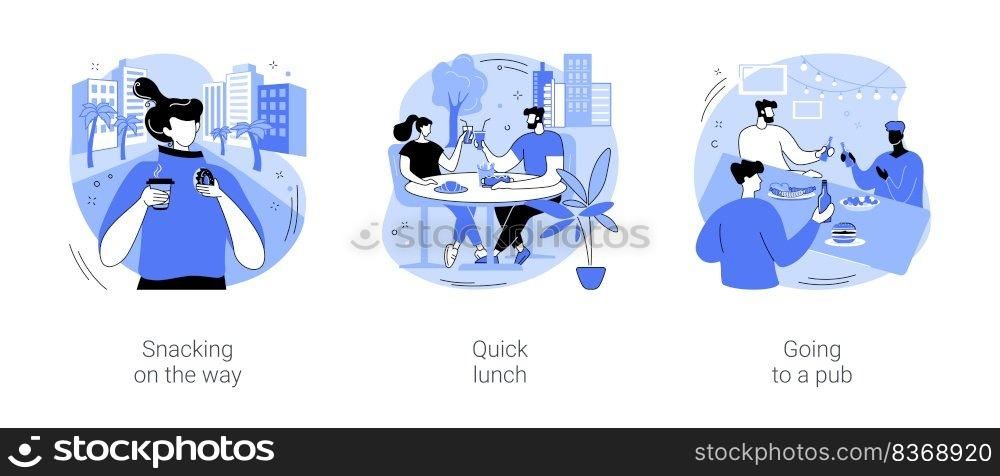 Urban meal isolated cartoon vector illustrations set. Snacking on the way, quick lunch in cafe outdoors, going to a pub, drinking coffee on the street, drink beer after work vector cartoon.. Urban meal isolated cartoon vector illustrations se