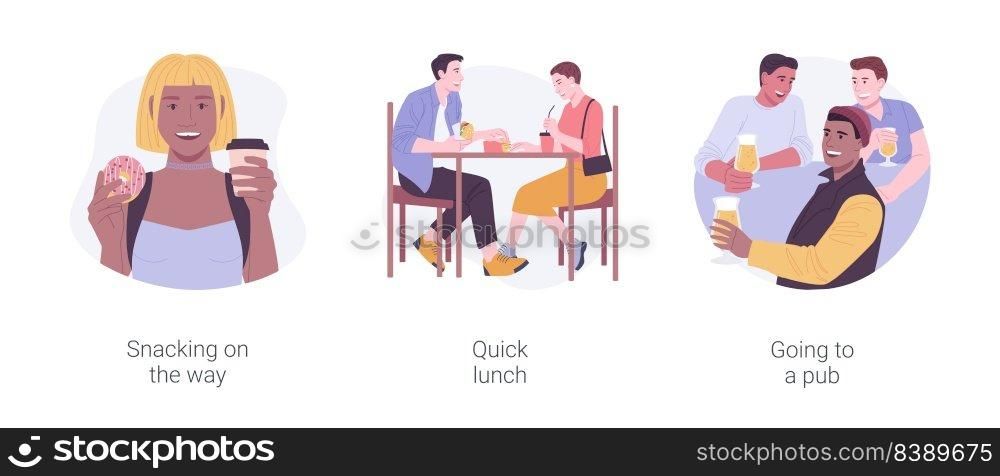 Urban meal isolated cartoon vector illustrations set. Snacking on the way, quick lunch in cafe outdoors, going to a pub, drinking coffee on the street, drink beer after work vector cartoon.. Urban meal isolated cartoon vector illustrations set.