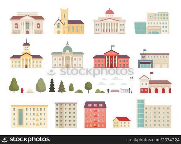 Urban municipal houses. Buildings in city infrastructure office police and fire station bank supermarkets hospital vector modern houses. City architecture building, public cityscape illustration. Urban municipal houses. Different buildings in city infrastructure office police and fire station bank supermarkets hospital campus nowaday vector modern houses