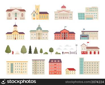 Urban municipal houses. Buildings in city infrastructure office police and fire station bank supermarkets hospital vector modern houses. City architecture building, public cityscape illustration. Urban municipal houses. Different buildings in city infrastructure office police and fire station bank supermarkets hospital campus nowaday vector modern houses