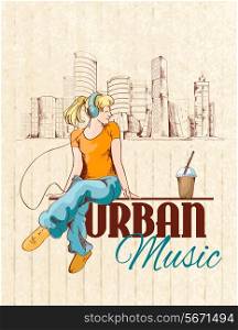 Urban music poster with young girl and city background sketch vector illustration
