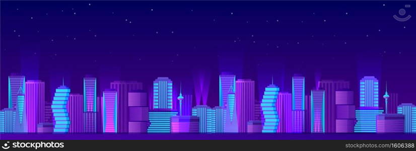 Urban neon night landscape. Bright purple skyscrapers with blue light on background of dark starry vector sky.. Urban neon night landscape. Bright purple skyscrapers with blue light .