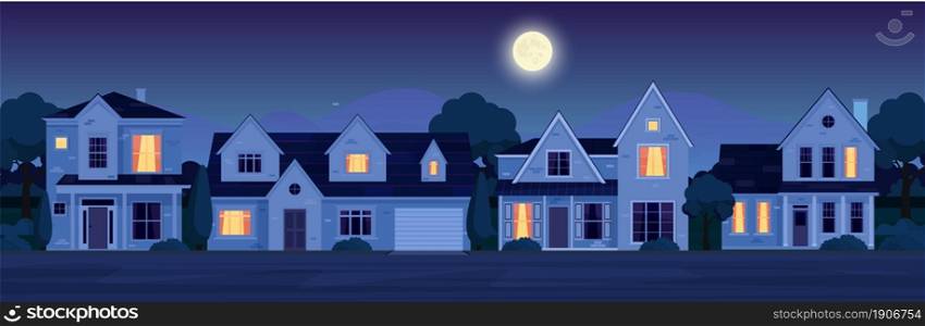Urban or suburban neighborhood at night with real estate property, houses with lights. cartoon landscape with suburban cottages, moon and stars in dark sky. Vector illustration in a flat style. Street in suburb district with houses at night