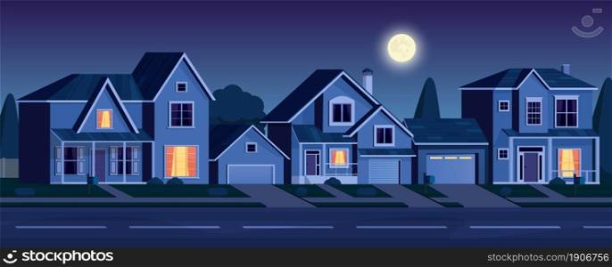 Urban or suburban neighborhood at night with real estate property, houses with lights. cartoon landscape with suburban cottages, moon and stars in dark sky. Vector illustration in a flat style. Street in suburb district with houses at night