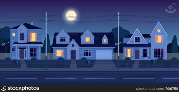 Urban or suburban neighborhood at night with real estate property, houses with lights. cartoon landscape with suburban cottages, moon and stars in dark sky. Vector illustration in a flat style. Street in suburb district with houses at night