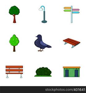 Urban outdoor decor icons set. Cartoon illustration of 9 urban outdoor decor vector icons for web. Urban outdoor decor icons set, cartoon style
