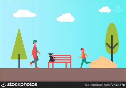 Urban park and people jogging and walking outdoors. Vector autumn season scenery, bench with cat, tree and spruce, beige bush on backdrop of blue sky. Urban Park and People Jogging and Walking Outdoors