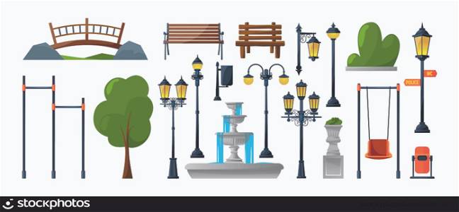 Urban park elements. Benches bushes fountain and furniture for outdoor street decoration garish vector flat pictures set. Fountain city and bush park, bench and tree illustration. Urban park elements. Benches bushes fountain and furniture for outdoor street decoration garish vector flat pictures set