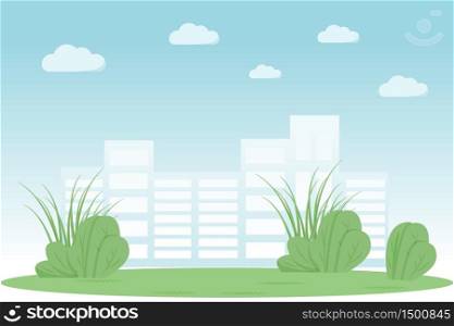 Urban park flat color vector illustration. Garden in city. Summer recreation meadow spot. Skyscraper buildings on horizon. Green lawn 2D cartoon landscape with cityscape on background. Urban park flat color vector illustration