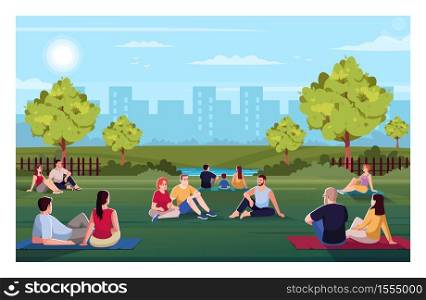 Urban park semi flat vector illustration. Friends rest together outside. Summer recreation for family outdoors. Sit on blanket and lounge. Resting crowd 2D cartoon characters for commercial use. Urban park semi flat vector illustration