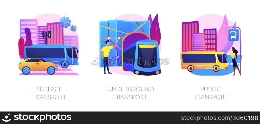 Urban passengers transportation icons set. City commute bus, subway. Surface transport, underground transport, public transport metaphors. Vector isolated concept metaphor illustrations.. Urban passengers transportation vector concept metaphors.
