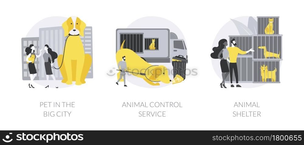 Urban pets abstract concept vector illustration set. Pet in the big city, animal control service, animal shelter volunteer, rescue service, walking place, stray dogs and cats abstract metaphor.. Urban pets abstract concept vector illustrations.
