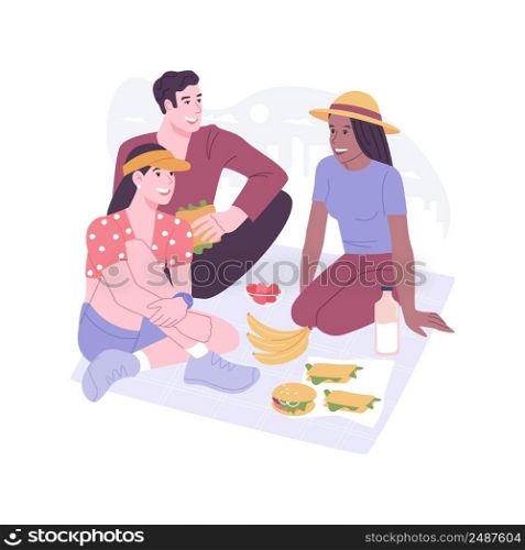 Urban picnic isolated cartoon vector illustrations. Group of friends have picnic in the city park, snacking and drinking juice, people urban lifestyle, summer weekend together vector cartoon.. Urban picnic isolated cartoon vector illustrations.