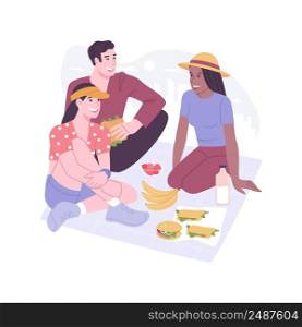Urban picnic isolated cartoon vector illustrations. Group of friends have picnic in the city park, snacking and drinking juice, people urban lifestyle, summer weekend together vector cartoon.. Urban picnic isolated cartoon vector illustrations.