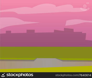 Urban place for cafe or restaurant, shadow of buildings, green grass background. Empty space, element of terrace, exterior scene, modern construction. Business symbol, sidewalk or road, tourism vector. Space for Restaurant, Urban Place, City Vector