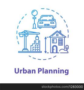 Urban planning concept icon. Housing business. Infrastructure and transportation. Suburban settlement. Building construction idea thin line illustration. Vector isolated outline RGB color drawing
