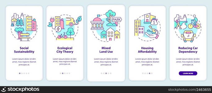 Urban planning in green urbanism onboarding mobile app screen. Walkthrough 5 steps graphic instructions pages with linear concepts. UI, UX, GUI template. Myriad Pro-Bold, Regular fonts used. Urban planning in green urbanism onboarding mobile app screen