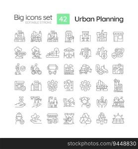 Urban planning linear icons set. City growth. Infrastructure development. Transportation network. Customizable thin line symbols. Isolated vector outline illustrations. Editable stroke. Urban planning linear icons set