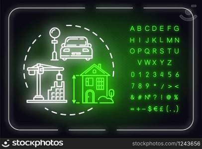 Urban planning neon light concept icon. Housing, real estate. Building construction idea. Outer glowing sign with alphabet, numbers and symbols. Vector isolated RGB color illustration