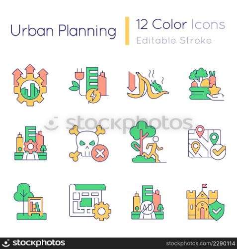 Urban planning RGB color icons set. City development strategy. Sustainable design ideas. Isolated vector illustrations. Simple filled line drawings collection. Quicksand-Light font used. Urban planning RGB color icons set