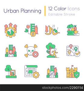 Urban planning RGB color icons set. City development strategy. Sustainable design ideas. Isolated vector illustrations. Simple filled line drawings collection. Quicksand-Light font used. Urban planning RGB color icons set