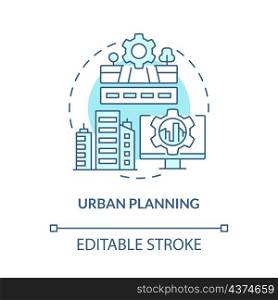 Urban planning turquoise concept icon. Designing buildings abstract idea thin line illustration. Digital twin use. Isolated outline drawing. Editable stroke. Roboto-Medium, Myriad Pro-Bold fonts used. Urban planning turquoise concept icon