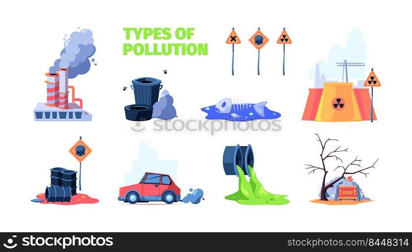 Urban pollution. Toxic city industrial garbage liquid puddle waste garish vector cartoon concept pictures set. Illustration of city pollution, toxic damage urban. Urban pollution. Toxic city industrial garbage liquid puddle waste garish vector cartoon concept pictures set