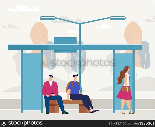 Urban Public Transport, City Passengers Transportation Infrastructure Flat Vector with Female and Male Passengers, City Citizens or Tourists, Sitting on Bench, Waiting Bus on Bus Stop Illustration