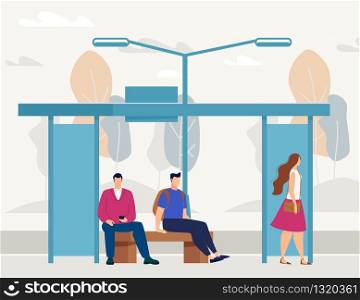 Urban Public Transport, City Passengers Transportation Infrastructure Flat Vector with Female and Male Passengers, City Citizens or Tourists, Sitting on Bench, Waiting Bus on Bus Stop Illustration