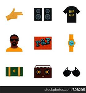 Urban rap icon set. Flat set of 9 urban rap vector icons for web design. Urban rap icon set, flat style