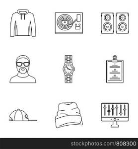 Urban rap icon set. Outline set of 9 urban rap vector icons for web design isolated on white background. Urban rap icon set, outline style