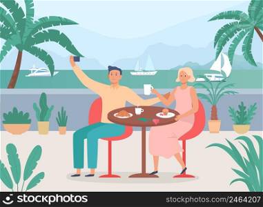 Urban relaxed people sitting in cafe near sea. Cafe with people illustration, couple at table resting lifestyle, character woman and man at restaurant vector. Urban relaxed people sitting in cafe near sea