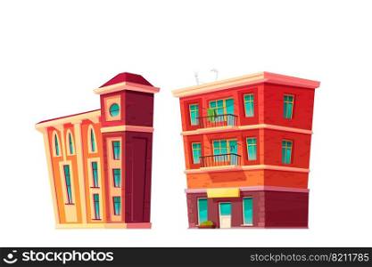 Urban retro building cartoon vector set illustration. Old residential and government buildings with shop or cafe on lower floor, isolated on white background. Urban retro building cartoon set