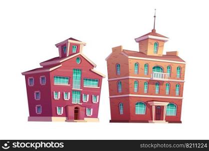 Urban retro building cartoon vector set illustration. Old residential and government red brick multi-story buildings , isolated on white background. Urban retro building cartoon set